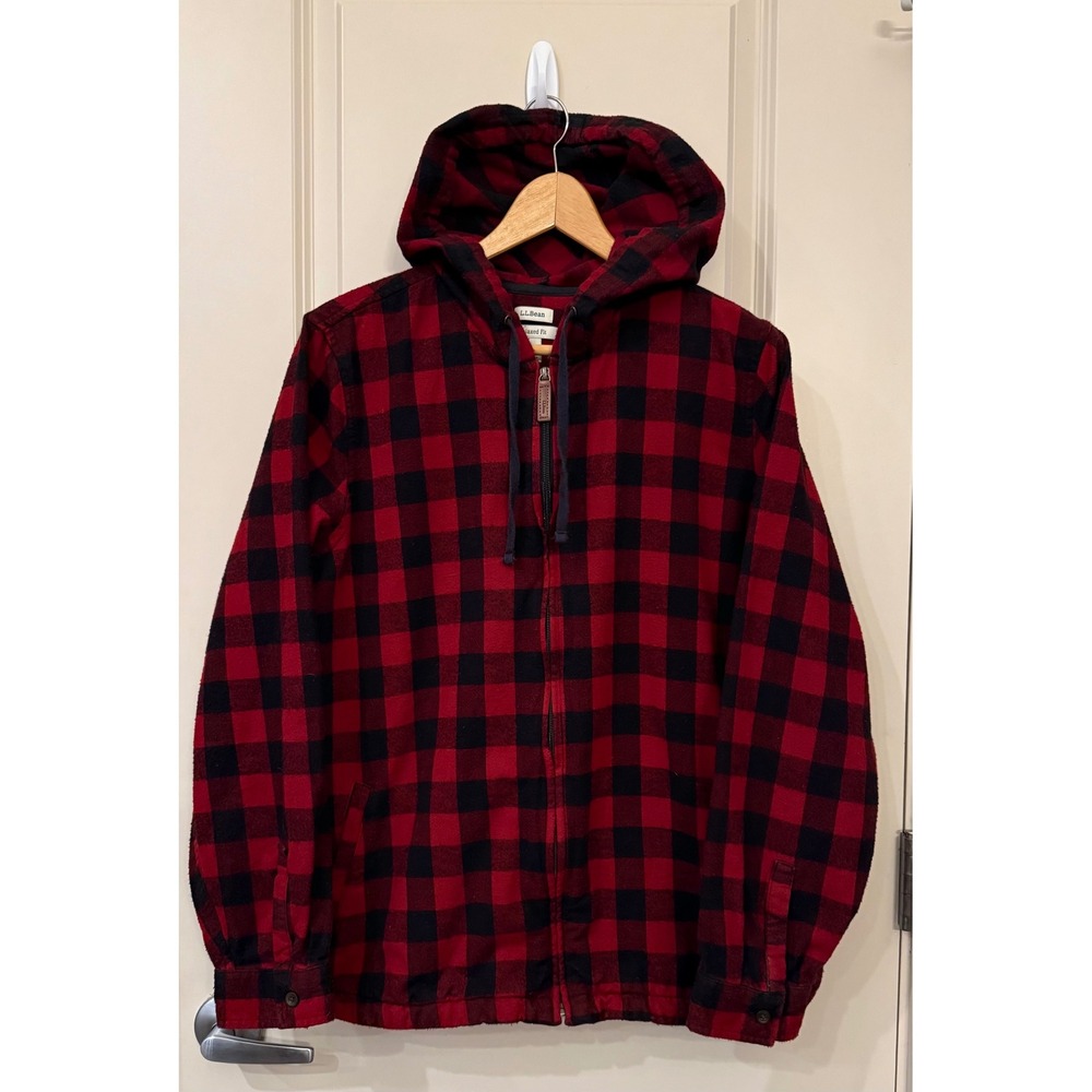 LL Bean Womens Red Black Buffalo Check Full Zip Hooded Lt Wt Jacket Plus Size 1X